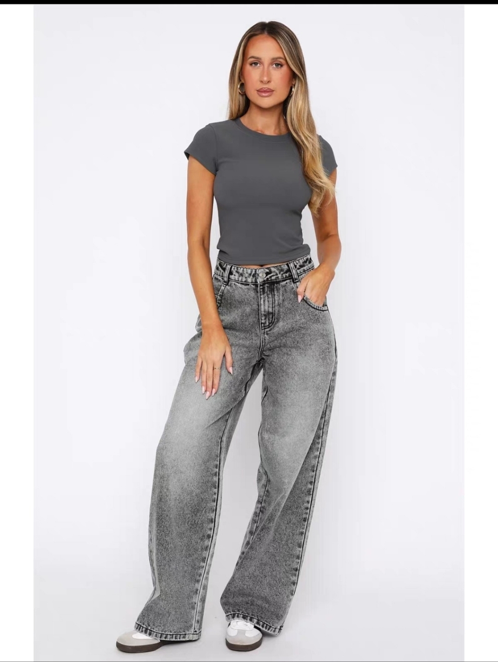 White Fox Boutique Willow Mid Rise Wide Leg Jeans in Grey Acid Wash Size XS
